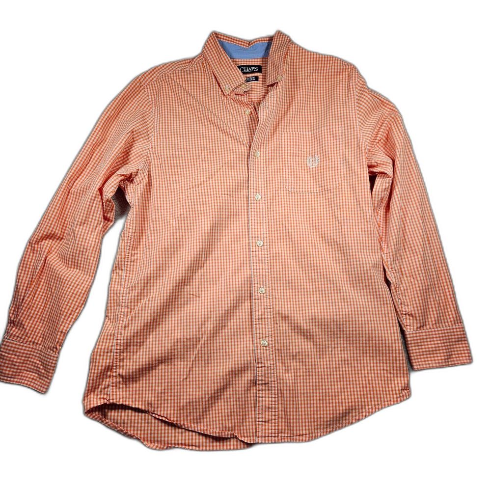 Chaps Shirt Men's Size M Orange Long Sleeve Dress Plaid With Embordidered Logo